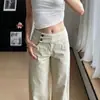 Jeans Khaki Americano Estilo Preguiçoso Wide-Leg para Mulheres Outono/Inverno Cintura Alta Solto Casual Modelador Versátil Calças Reta