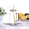 Taza de Agua Ins de Vidrio con Pajilla para Mujer, Vaso de Vidrio Plano Resistente a Altas Temperaturas con Asa, Cuadrado para el Hogar de Alto Borosilicato