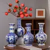 Jarrón de esfera celeste de porcelana azul y blanca de Jingdezhen, jarrón de flores de cerámica pintado a mano, decoración de modelo de sala de estar para el hogar de porcelana