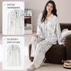 Pijama de algodão puro com peito acolchoado, conjunto de calça comprida e manga longa, tamanho plus size, cardigã com gola de lapela, roupa de casa simples feminina, estilo listrado para primavera e outono