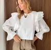 Blusa Longa Branca de Poliéster-Algodão com Manga Bufante, Cadarço e Recortes, Estilo Delicado para Mulheres, Design Transfronteiriço Europeu e Americano, Blusa para o Dia a Dia