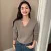 Suéter pullover de punto liso para mujer, cuello en V, holgado, procesamiento OEM, camisa base de punto para otoño e invierno para mujer