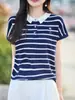Nuevo Top de Manga Corta Rayado Bordado con Solapa Estilo Coreano Chic Adelgazante Transpirable Amigable con la Piel Versátil Capa Base para Mujer