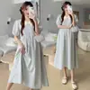 Destaque Verão 2024 Novo Vestido para Gestante Coreano Retrô Solto com Amarração Gola Boneca Midi Vestido para Gestante