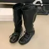 Botas nuevas de caña media, estilo retro coreano, de caña ancha, suela plana, estilo ballet, otoño e invierno, tacón grueso, con cordones, 2026, plisadas