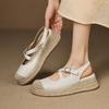 Sandalias de Cuña de Paja Estilo Vacacional con Tira Cruzada y Punta Redonda, Puntera y Talón de Piel de Cabra Genuina para Mujer, Verano 2025, Tacón Medio