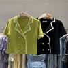 Suéter de Tricô de Seda Gelada de Manga Curta Estilo Chanel Feminino de Verão Gola de Terno Cor Contrastante Elegante Fino Design de Sentido Nicho Top Tendência