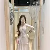 Vestido de Alças Nicho Patchwork Babados Estilo Desejo Puro para Mulheres 2025 Verão Abotoamento Simples Emagrecimento Linha A