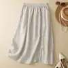 Falda midi de algodón y lino con bordados de encaje estilo veraniego, artístico y vintage, con abertura lateral para mujer, diseño único, cintura alta y silueta en A.