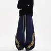 Pantalones de chándal anchos a rayas de color block estilo callejero americano, unisex, retro, cordón elástico, holgados, con caída, pantalones deportivos casuales