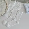 Calcetines Dulces con Lazo Estilo Japonés para Mujer, Calcetines de Media Pantorrilla, Calcetines Largos Finos Transpirables de Verano con Volantes, Calcetines Lisos de Seda de Morera