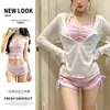 Azul Leche Burbuja Estilo Coreano Chica de Deseo Puro Rayas Azules Ángulo Plano Pecho Pequeño Traje de Baño de Dos Piezas para Vacaciones Playa Aguas Termales
