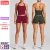 Conjunto de roupa fitness feminina transfronteiriço com lindo top esportivo de costas com amarração no pescoço, conjunto de shorts de secagem rápida para corrida ao ar livre, ciclismo e yoga