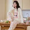 Pijama Feminino Outono e Inverno com Sutiã Embutido, Gola Redonda, Manga Longa, Calça Longa, Roupa de Casa Doce e Feminina, Conjunto Fofo de Desenho Animado