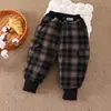 Calça Jogger Xadrez de Algodão para Meninos 2025 Inverno Novo Aconchegante Espessada Quente Casual Tendência