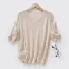 Primavera Verão Amigo da Pele Primeira Linha Seda de Amora Camiseta Feminina Gola Curta Manga Curta Suéter Fino Emagrecedor Lã Roupas Femininas Manga Meia Mão Top