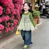 Conjunto Infantil Feminino Primavera Outono 2026 Nova Moda Calça Wide Leg Infantil Outono Estilo Coreano Conjunto de Três Peças para Bebê Menina