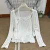 Roupas bonitas estilo japonês Ruoxin, cardigã de tricô de renda puro e sedutor, conjunto de moda feminina de duas peças com camisola de bolinhas de manga longa