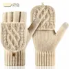 Novas luvas de tricô femininas para outono e inverno com cobertura flip, espessadas para aquecimento, adequadas para escrever e uso ao ar livre, luvas sem dedos para proteção contra o frio