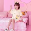 2023 Pijamas infantis para meninas verão fino bolha rugas chiffon manga curta conjunto desenho animado meninas lapela roupas para casa