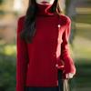 Nuevo Estilo Transfronterizo Otoño e Invierno Suéter de Punto de Cuello Alto a Rayas con Botones para Mujer Jersey Adelgazante Camiseta Básica de Punto Color Sólido con Abertura