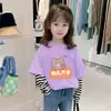G2212 # Camiseta de Manga Longa para Meninas Primavera e Outono 2025 Nova Estilosa Algodão Puro Falso Duas Peças Top Roupa de Outono para Meninas