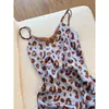Estilo Chica Caliente Deseo Puro Estampado de Leopardo Ribete de Encaje Camisón de Seda Helada para Mujer Verano Sexy Espalda Descubierta con Tirantes Ropa de Casa Ropa de Dormir Verano