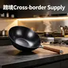 Sartén Doméstica Antiadherente Sin Recubrimiento con Mango de Madera, Wok Tradicional Zhangqiu de Hierro Nitrurado con Fondo Plano, Adecuado para Cocinas de Inducción