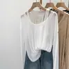 Entrega exclusiva: Camiseta casual de manga larga holgada para mujer, top fino de verano con protección solar, top versátil de color liso
