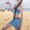 Traje de falda de punto sexy ajustado a la cadera con escote halter sin tirantes y color de contraste, prenda exterior de playa estilo verano 2026 para mujer