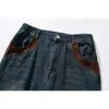 Jeans de pierna ancha con bloques de color y bolsillos estilo streetwear de moda Rumeng para hombre, otoño, corte holgado, pantalones rectos lavados y desgastados