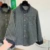 Camisa Xadrez de Algodão para Mulheres, Camisa Base com Lapela Color-Blocked, Blusa Solta Casual Versátil, Camisa de Manga Longa Primavera 2026
