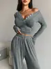 Traje Casual de Moda para Mujer con Pantalones de Pierna Ancha, Bolsillo de Solapa, Cuello en V, Manga Larga, Ajustado, Sexy, para Otoño e Invierno, Transfronterizo Europeo y Americano