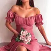 Nuevo Vestido de Verano Transfronterizo Europeo y Americano 2026, Color Sólido, Sencillo, Hombros Descubiertos, Manga Corta, Largo, Sexy, Ajustado, Elegante