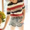 Suéter Feminino 2026 com Toque de Luxo, Patchwork Listrado Primavera e Outono, Gola Redonda, Manga Curta, Caimento Solto Casual, Camiseta Versátil