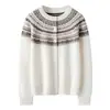Botones engrosados, 100% cachemira pura, cuello redondo, cárdigan de estilo suave para mujer, suéter de cachemira, jacquard tejido, patrón Fair Isle