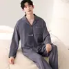 Pijama atacado de manga longa e calça longa para mulheres, novo tecido de algodão stretch de outono, cardigã masculino com gola de lapela, roupa para casa para casais