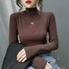 Camisa de terciopelo con cuello medio alto para mujer, otoño e invierno, lijado de doble cara, forro polar, engrosado, cuello medio, manga larga, estilo camiseta