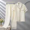 Pijama de Gaze de Algodão de Camada Dupla 2026 Novo para Mulheres, Estilo Primavera e Outono, Conjunto de Pijama Leve de Luxo de Algodão Puro de Manga Curta e Calça Longa Classe A
