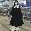 2023 Novo Vestido Vintage Universitário Simples Cor de Contraste Gola de Boneca Cintura Justa Emagrecimento Vestido Leve Maduro Preto Feminino