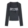 Camiseta de manga larga con cuello cuadrado y lazada estilo coreano, falso dos piezas para mujer, atuendo de principios de otoño, camiseta básica ajustada para chica dulce y picante, top interior
