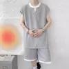 Conjunto de Camiseta Sem Manga Falsa de Duas Peças Estilo Americano Tendência para Homens, Conjunto de Duas Peças com Colete Waffle de Verão e Shorts Esportivos