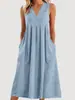 Ropa de Mujer Nueva Transfronteriza Europea y Americana Primavera y Verano Casual Holgada Moda Retro Algodón y Lino Sin Mangas Cuello en V Vestido con Bolsillo