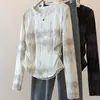 Diseño Talla Extra Otoño e Invierno Estilo Nuevo Terciopelo Alemán Tie-Dye Manga Larga Camiseta Mujer Aspecto Adelgazante Plisado Reductor de Edad Top Hombro Derecho