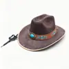 Sombrero de Vaquero Occidental Americano para Hombres y Mujeres Bordado Turquesa Cinturón de Cuero Protección Solar Sombrero Jazz Cabellero Étnico Sombrero de Fieltro de Ala Ancha