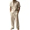 Conjunto de Camisa de Lino de Manga Corta con Solapa de Verano Europeo y Americano Transfronterizo Pantalones Casuales Sueltos para Hombre Conjunto de Dos Piezas Ropa para Hombre al por Mayor