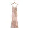 Vestido de Festa Feminino Plus Size Runqi com Estampa em Aquarela, Pedrarias, Decote V, Corte Assimétrico, Cauda de Sereia 9127 Vestido Elegante Francês com Alças