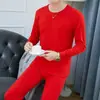 Traje de mallas largas rojo brillante para hombre, conjunto de suéter base de ropa interior térmica para jóvenes y mediana edad