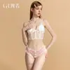 Conjunto de lingerie sexy Guiruo com elástico de cintura baixa, enfeites de laço, tule transparente, calcinha de triângulo vazada e top 7239
