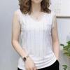 Camiseta sin mangas elegante de talla grande para mamás, nuevo diseño de verano con ribete de encaje y pedrería brillante, elegante camiseta básica, tendencia de moda con cuello en V